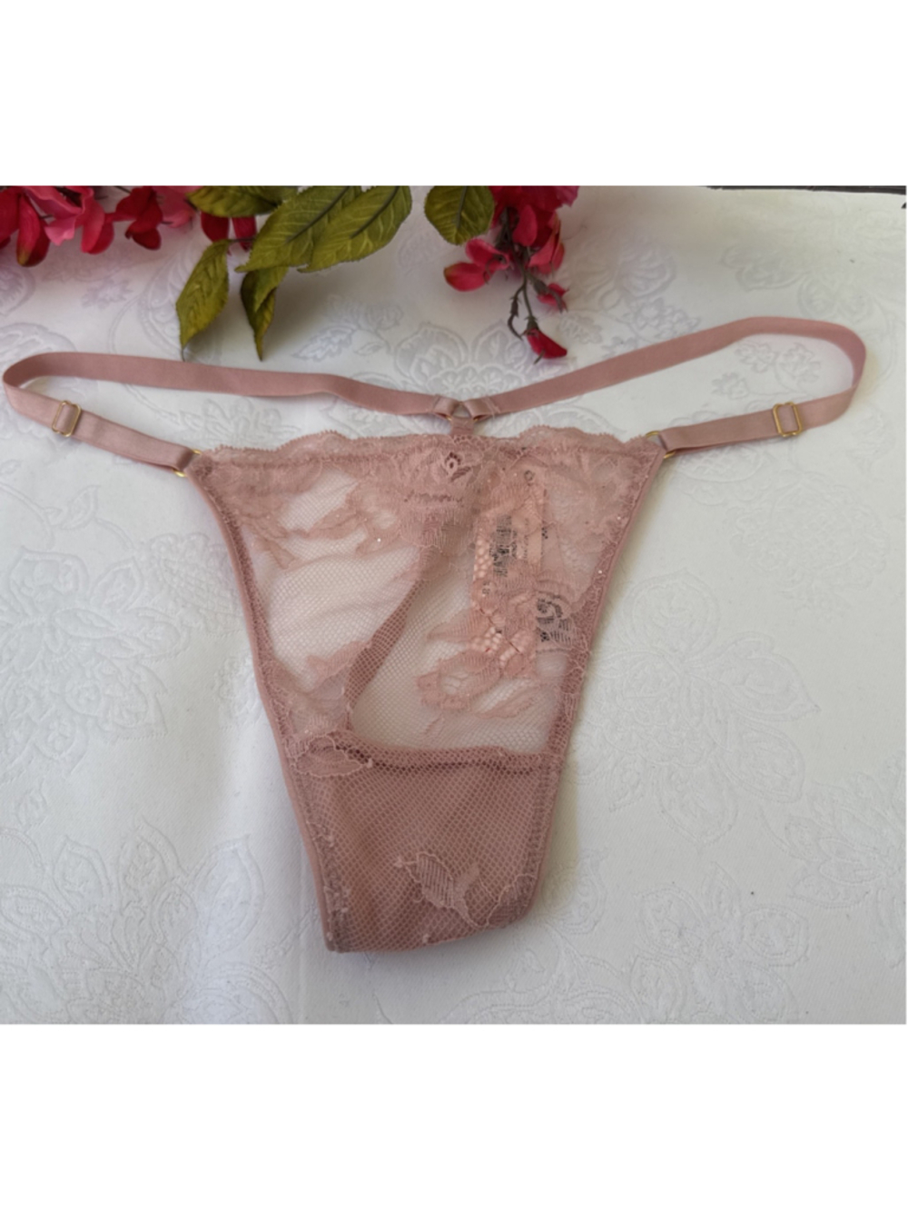 VICTORIA'S SECRET L PINK RHINESTONE LACE V STRING THONG ADJ SIDES PANTIES NWT